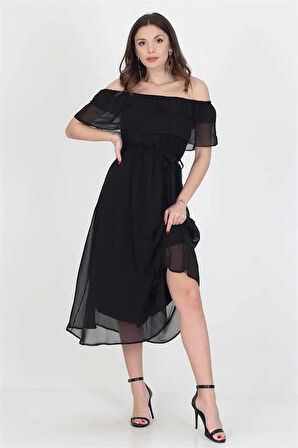 Dipmoda kadın yeni sezon madonna yaka bağlama detaylı şifon elbise Ry8060