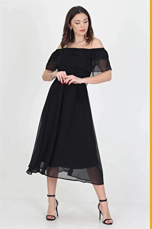 Dipmoda kadın yeni sezon madonna yaka bağlama detaylı şifon elbise Ry8060