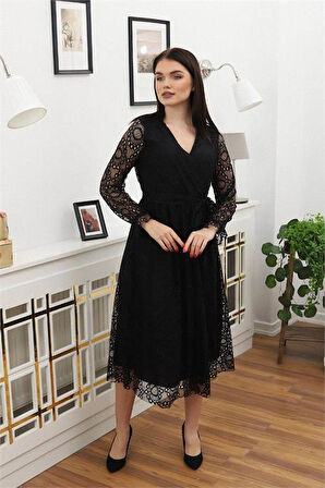 Dipmoda kadın bağlama detaylı dantel elbise RSSN619 - Siyah