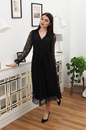 Dipmoda kadın bağlama detaylı dantel elbise RSSN619 - Siyah