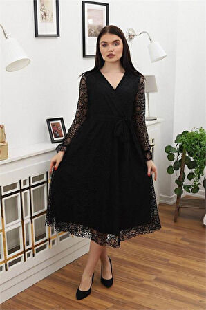 Dipmoda kadın bağlama detaylı dantel elbise RSSN619 - Siyah