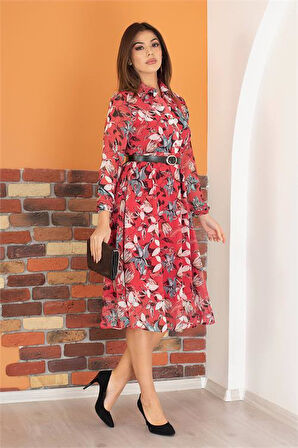 Dipmoda kadın kırmızı kemerli çiçek desenli şifon elbise RY0031