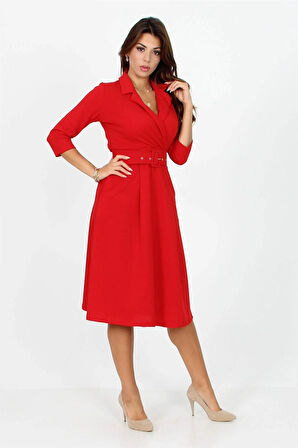 Dipmoda Kadın kemer detaylı midi boy elbise DKS016