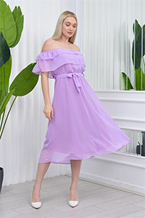 Dipmoda kadın carmen yaka astarlı şifon elbise RY8060 - Lila