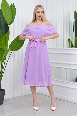 Dipmoda kadın carmen yaka astarlı şifon elbise RY8060 - Lila