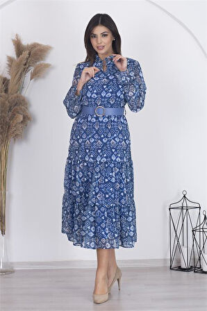 Dipmoda kadın astarlı etnik desenli şifon elbise RSDP002 - Mavi