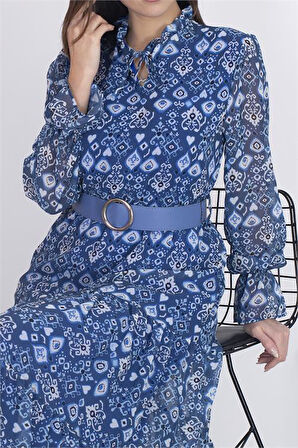 Dipmoda kadın astarlı etnik desenli şifon elbise RSDP002 - Mavi