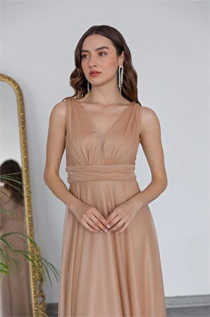 Dipmoda kadın gold drapeli tül abiye elbise DP2030