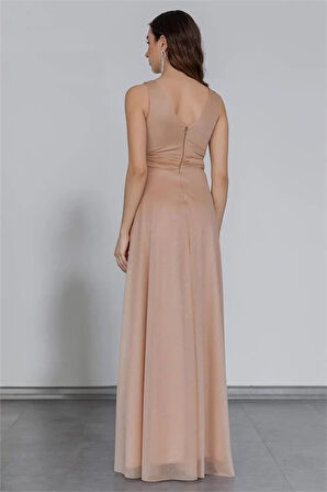 Dipmoda kadın gold drapeli tül abiye elbise DP2030