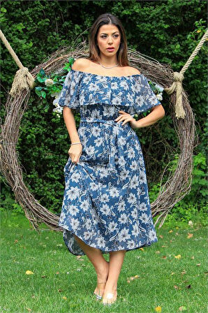 Dipmoda kadın indigo madonna kuşaklı çiçek desenli şifon elbise DP10037