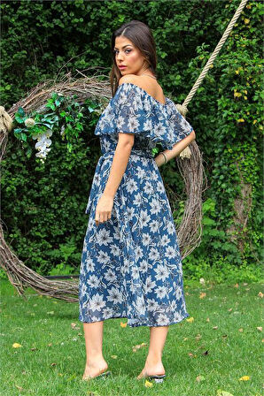 Dipmoda kadın indigo madonna kuşaklı çiçek desenli şifon elbise DP10037