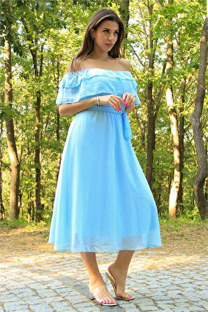 Dipmoda kadın bebe mavisi kuşaklı madonna yaka baby shower elbise DP8060