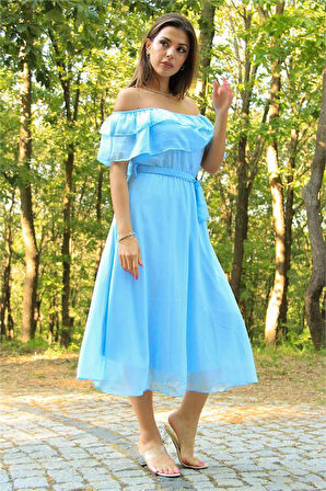 Dipmoda kadın bebe mavisi kuşaklı madonna yaka baby shower elbise DP8060