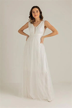 Dipmoda kadın beyaz drapeli tül abiye elbise DP2030