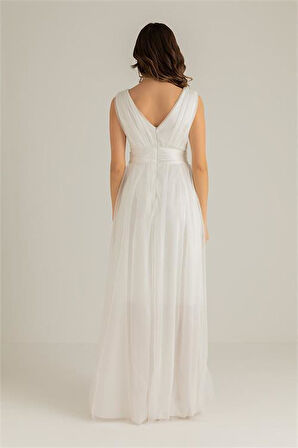 Dipmoda kadın beyaz drapeli tül abiye elbise DP2030