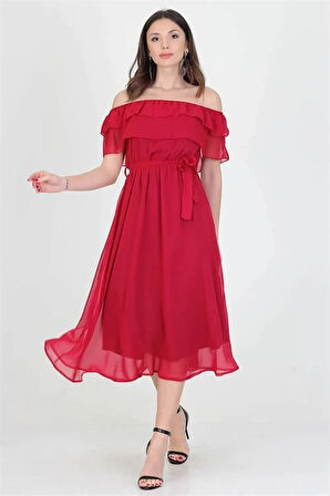 Dipmoda kadın yeni sezon madonna yaka bağlama detaylı şifon elbise RY8060