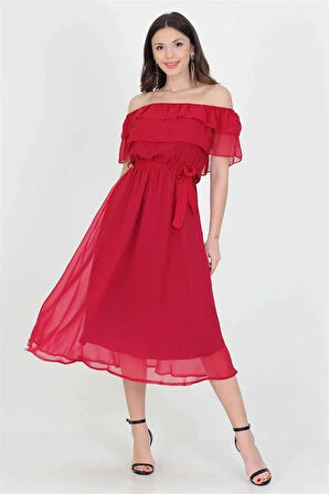 Dipmoda kadın yeni sezon madonna yaka bağlama detaylı şifon elbise RY8060