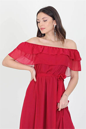 Dipmoda kadın yeni sezon madonna yaka bağlama detaylı şifon elbise RY8060