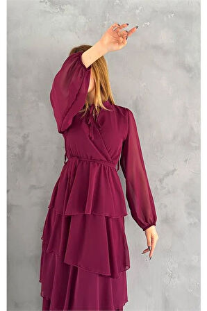 Dipmoda kadın astarlı eteği kat kat şifon elbise DPKKLF2041