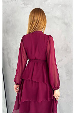 Dipmoda kadın astarlı eteği kat kat şifon elbise DPKKLF2041