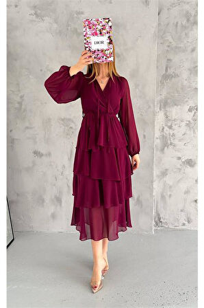 Dipmoda kadın astarlı eteği kat kat şifon elbise DPKKLF2041