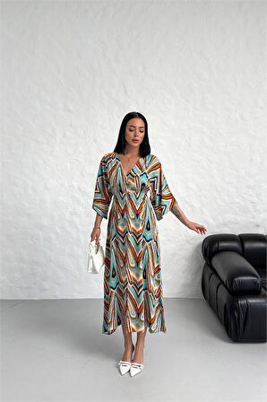 Dipmoda kadın düşük kol desenli viskonk elbise DPG021