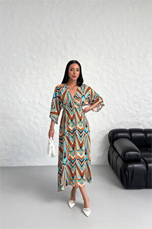 Dipmoda kadın düşük kol desenli viskonk elbise DPG021