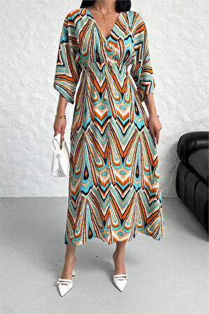 Dipmoda kadın düşük kol desenli viskonk elbise DPG021