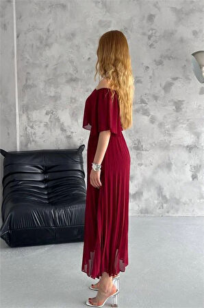 Dipmoda kadın madonna yaka piliseli şifon elbise DPK2099