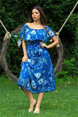 Dipmoda kadın indigo bağlama detaylı madonna yaka şifon elbise DP100371