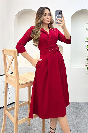 Dipmoda kadını gömlek yaka kemerli örme elbise DP0016