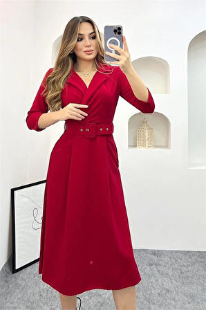 Dipmoda kadını gömlek yaka kemerli örme elbise DP0016