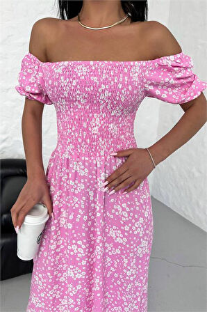 Dipmoda kadın yazlık madonna yaka desenli viskon elbise DPG022