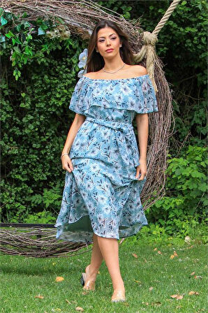 Dipmoda kadın mint carmen yaka çiçekli midi boy şifon elbise DP10037