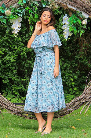 Dipmoda kadın mint carmen yaka çiçekli midi boy şifon elbise DP10037