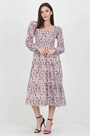 Dipmoda kadın bej desenli kare yaka gipeli şifon elbise DP100361