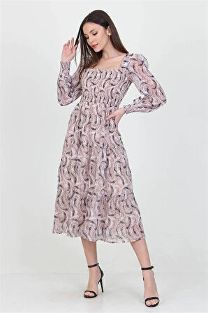 Dipmoda kadın bej desenli kare yaka gipeli şifon elbise DP100361