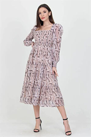 Dipmoda kadın bej desenli kare yaka gipeli şifon elbise DP100361