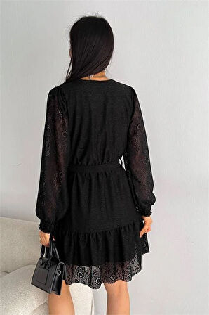 Dipmoda kadın siyah kruvaze kuşaklı mini elbise DPK2026