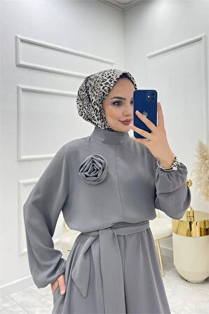 Dipmoda kadın gri kuşaklı gül detaylı salaş tulum NMS003