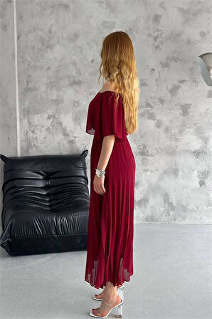 Dipmoda kadın madonna yaka piliseli şifon elbise DPK2099