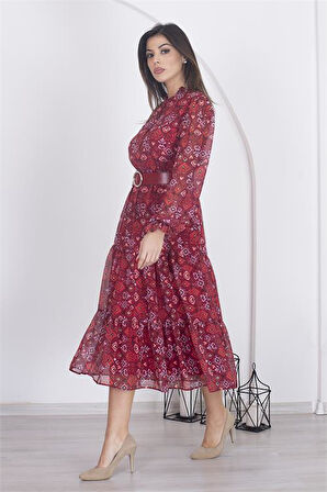 Dipmoda kadın astarlı etnik desenli şifon elbise RSDP002 - Bordo