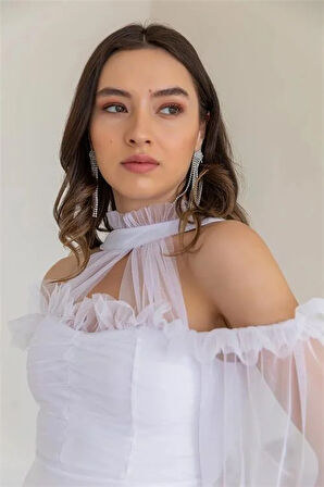 Dipmoda kadın beyaz tül mini abiye elbise DPSWLL09