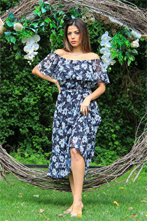 Dipmoda kadın siyah carmen yaka çiçekli yazlık şifon elbise DP10037