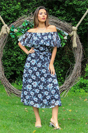 Dipmoda kadın siyah carmen yaka çiçekli yazlık şifon elbise DP10037