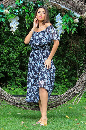 Dipmoda kadın siyah carmen yaka çiçekli yazlık şifon elbise DP10037