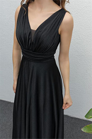 Dipmoda kadın siyah drapeli tül abiye elbise DP2030