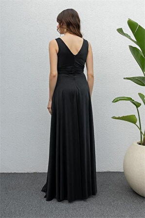 Dipmoda kadın siyah drapeli tül abiye elbise DP2030