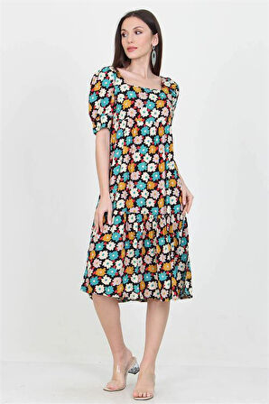 Dipmoda kadın turkuaz kare yaka eteği fırfırlı çiçek desenli viskon elbise DP10026