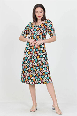 Dipmoda kadın turkuaz kare yaka eteği fırfırlı çiçek desenli viskon elbise DP10026